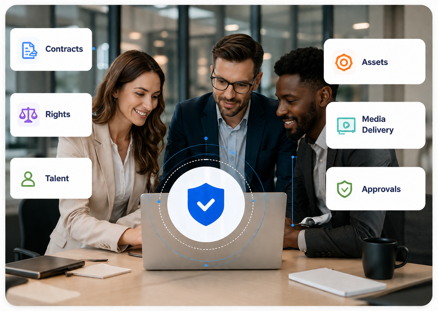 Connected media, talent and rights operations platform showing contracts, rights, talent, assets, media delivery and approvals